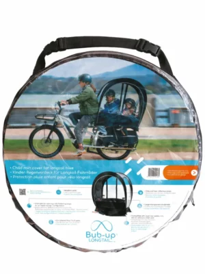 packaging protection pluie bubup pour velo longtail, protection enfants contre la pluie à vélo